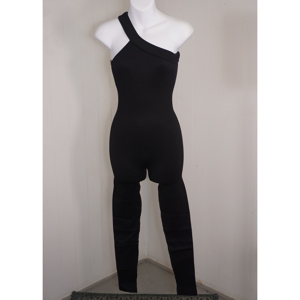 Black Size S One Shoulder Ribbed Knit Jumpsuit Catsuit